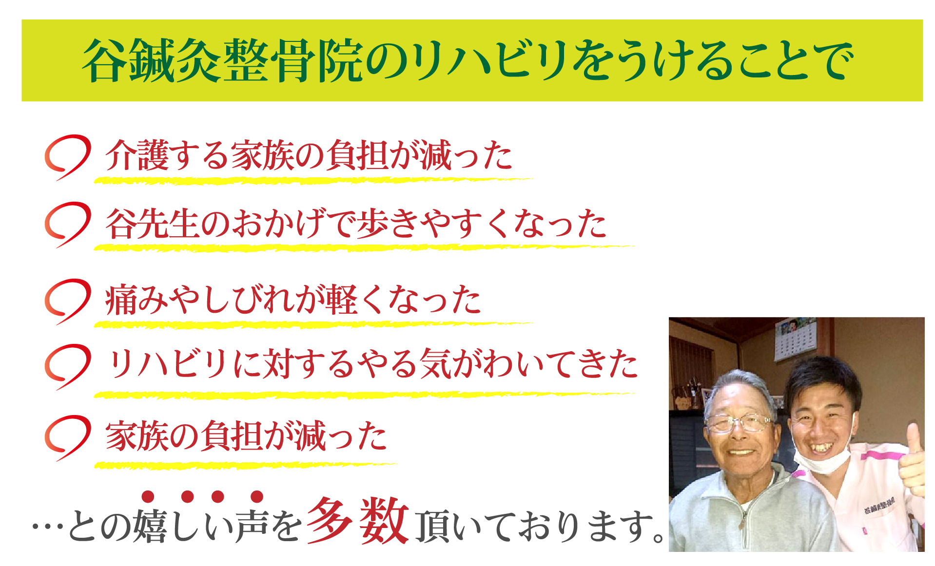 谷鍼灸整骨院のリハビリをうけることで　・介護する家族の負担が減った　・谷先生のおかげで歩きやすくなった　・痛みやしびれが軽くなった　・リハビリに対するやる気がわいてきた　・家族の負担が減った …との嬉しい声を多数頂いております。