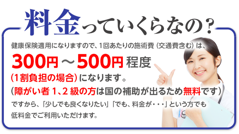 料金っていくらなの？保険適用なので300円～500円でご利用いただけます。障がい者1.2級の方は国の補助がでるため、無料になります。